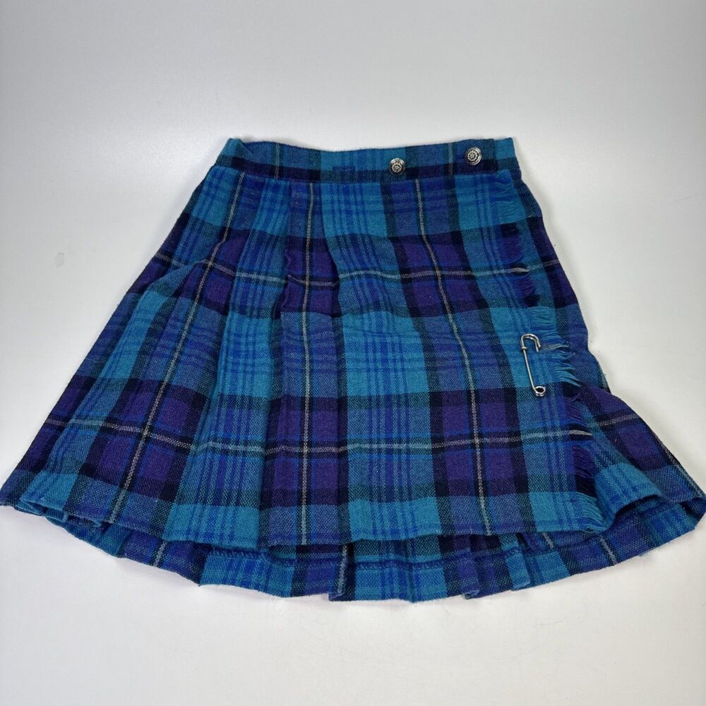 Vintage Girls Blue Purple Plaid Tartan Kilt Skirt Size 6 Pleated Wool Blend USA